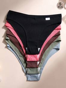 5件組女款性感三角內褲 V腰無縫內褲 羅紋棉布 素色 舒適透氣 日常穿著 - 彩色 - 查看 2
