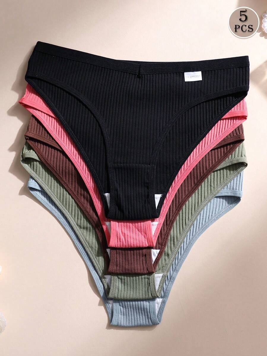 5件組女款性感三角內褲 V腰無縫內褲 羅紋棉布 素色 舒適透氣 日常穿著