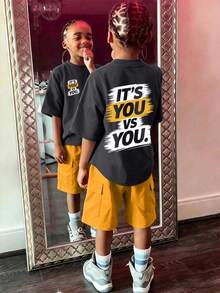 2pcs/Set Boys' Casual Letter Graphic Short Sleeve T-Shirt And Shorts Set, Suitable For Summer Wear - Grey - View 1