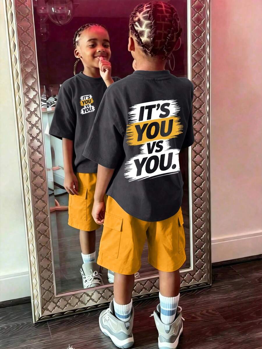 2pcs/Set Boys' Casual Letter Graphic Short Sleeve T-Shirt And Shorts Set, Suitable For Summer Wear - Grey - View 1