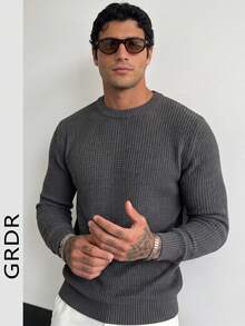 Men's Casual Jacquard Knit Crew Neck Long Sleeve Sweater - Dark Grey - View 4
