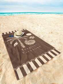 1pc Vintage Coconut Tree & Shell Print Beach Towel, Modern Style Fiber Rectangular Travel Home Beach Towel, Suitable For Swimming, Diving, Summer - Multicolor - View 4