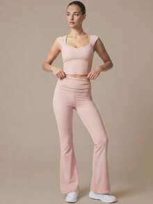 2pcs Women's Sports Set Square Neck Backless Soft Slim Fit Yoga Tank Top With Ruched Folded Waist High Waist Flare Yoga Pants - Pink - View 5