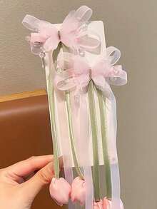 2件組女童蝴蝶結髮夾鬱金香花朵髮夾可愛公主風清新髮飾 - 彩色 - 查看 2