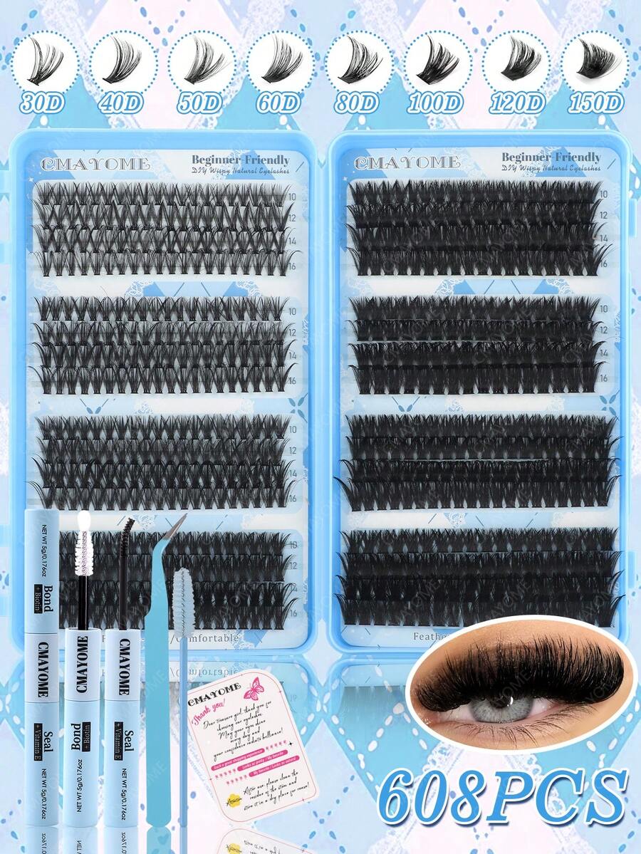 544/608pcs D-Curl Single Lash Extensions, Soft Natural Thick Fluffy False Eyelashes, Portable High-Capacity Mixed Style Lash Book For DIY Home Use, Suitable For Makeup Beginners, Reusable, For Light Or Heavy Makeup - Multicolor - View 1