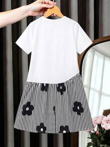 Girls' Summer Patchwork A-Line Dress With 3D Flower Decor Top And Striped Floral Print Skirt - White - View 3