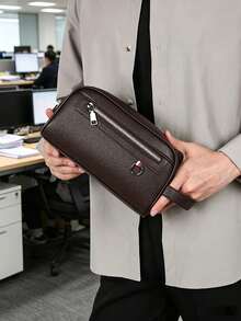 Minimalist Business Men's Clutch Bag, Lightweight Large Capacity Square Pouch For Outings And Commuting - Brown - View 4
