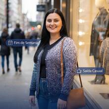 Casaquinho blusa de frio inverno tricot feminino cardigan estampa chuvinha - Azul Marinho e Branco - Visão 2