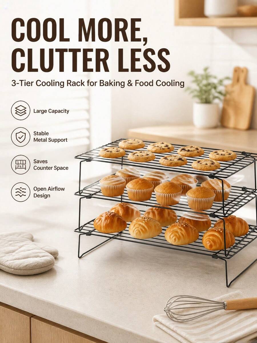 1/2/3pcs Baking Cooling Rack, Carbon Steel Wire Cookie Cooling Rack, Multi-Layer Stackable Cookie Rack, Suitable For Cakes, Pastries And Fruits, Foldable, Dishwasher (Black), Dessert Cooling Rack, Suitable For Holiday Gifts, Christmas, Halloween, Thanksgiving, Party - Multicolor - View 1