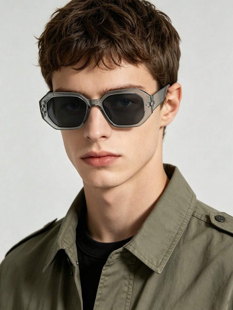1pc Men's Vintage Geometric Fashion Glasses, Solid Color Polycarbonate Frame, Grey Lenses, Minimalist Cool Style, Lightweight, Suitable For Commute And Outdoor, Includes Glasses Case