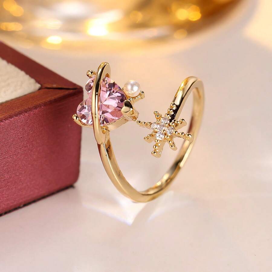1pc Heart Star Asymmetric Open Thin Ring, Shiny Gold Smooth Band, Delicate Niche Jewelry For Young Women - JZ23713 - View 1