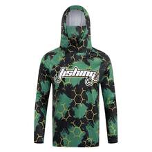 Men's Green Camouflage Hooded Fishing Shirt With Face Mask, Long Sleeve Sun Protection Top Sports Fall - Green - View 10