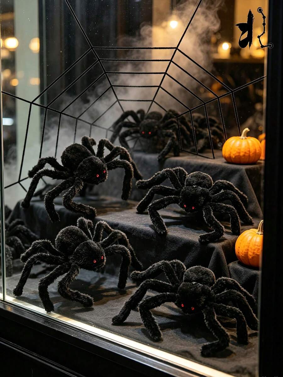 3pcs Giant Black Plush Spider Halloween Decoration, Realistic Scary Fake Spider With Bendable Legs, Suitable For Haunted House, Window, Yard, Porch, Party Horror Props, Indoor And Outdoor Halloween Decor - A - View 1
