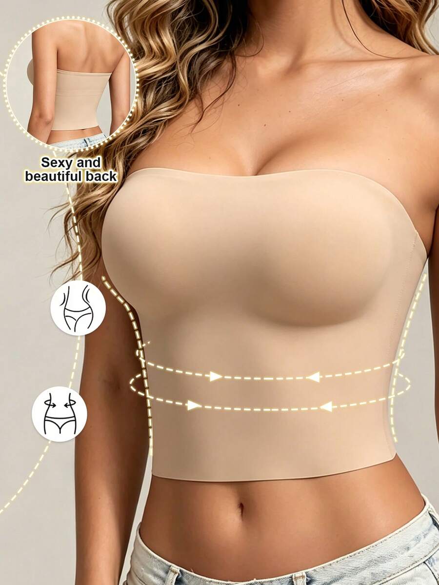 EssElegance Wireless Seamless Bandeau Bra For Women, Non-Slip High Elastic Breathable Outerwear, Removable Padding, All-Season Strapless Tank Top Style - Apricot - View 1