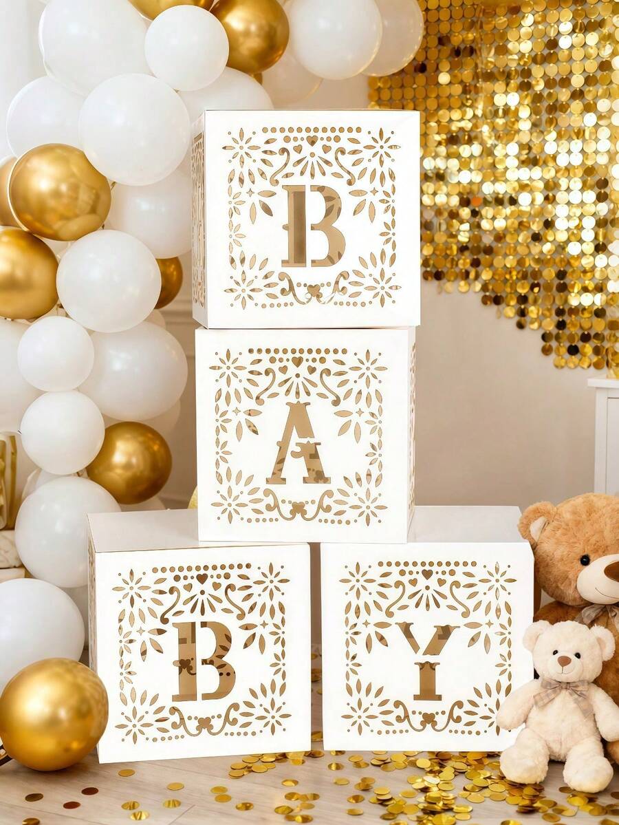 4pcs/Set Hollow Decorative Balloon Box For Baby Shower, Birthday Party Decoration Gift Box, Birthday Decoration, Wedding Decoration, Home Decoration, Room Decoration, Background Decoration, Party Accessories, Home Decoration, Suitable For Baby Shower Home Decoration Gift - Multicolor - View 1