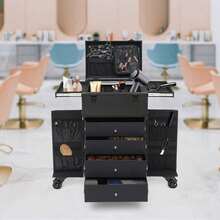 Rolling Makeup Train Case - Stylish Black Cosmetic Trolley With Adjustable Rods, Spacious Storage, And Detachable Wheels For Easy Travel And Organization - Black - View 6