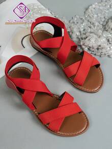 Women's Cross Elastic Strap Flat Sandals, Wide Fit, Solid Color, Comfortable, Minimalist, Outdoor, Beach, Party - Red - View 5