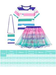 Girls Summer Birthday Party Gift Halloween Carnival Cosplay Striped Print Dress + Skirt Set Kids Costume Dress Random Color - Pink - View 2