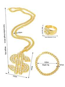 9pcs/Set Hip Hop Punk Gold Necklace Exaggerated Big Gold Chain Wealth Fortune Gold Ring Set, Retro Punk Style, Suitable For Party, Gathering, Halloween, COS - 9 Gold Pieces - View 5