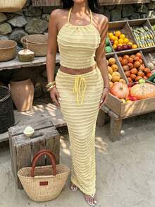 DOUCIU 2pcs Solid Color Halter Top & High Waist Maxi Skirt Sets Daily Island Vacation Style - Yellow - View 3