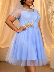 Plus Size Elegant Light Blue A Line Dress With Layered Tulle Sheer Short Sleeves Gold Applique Flowy Summer Wedding Guest Prom Party Dresses - Baby Blue - View 3