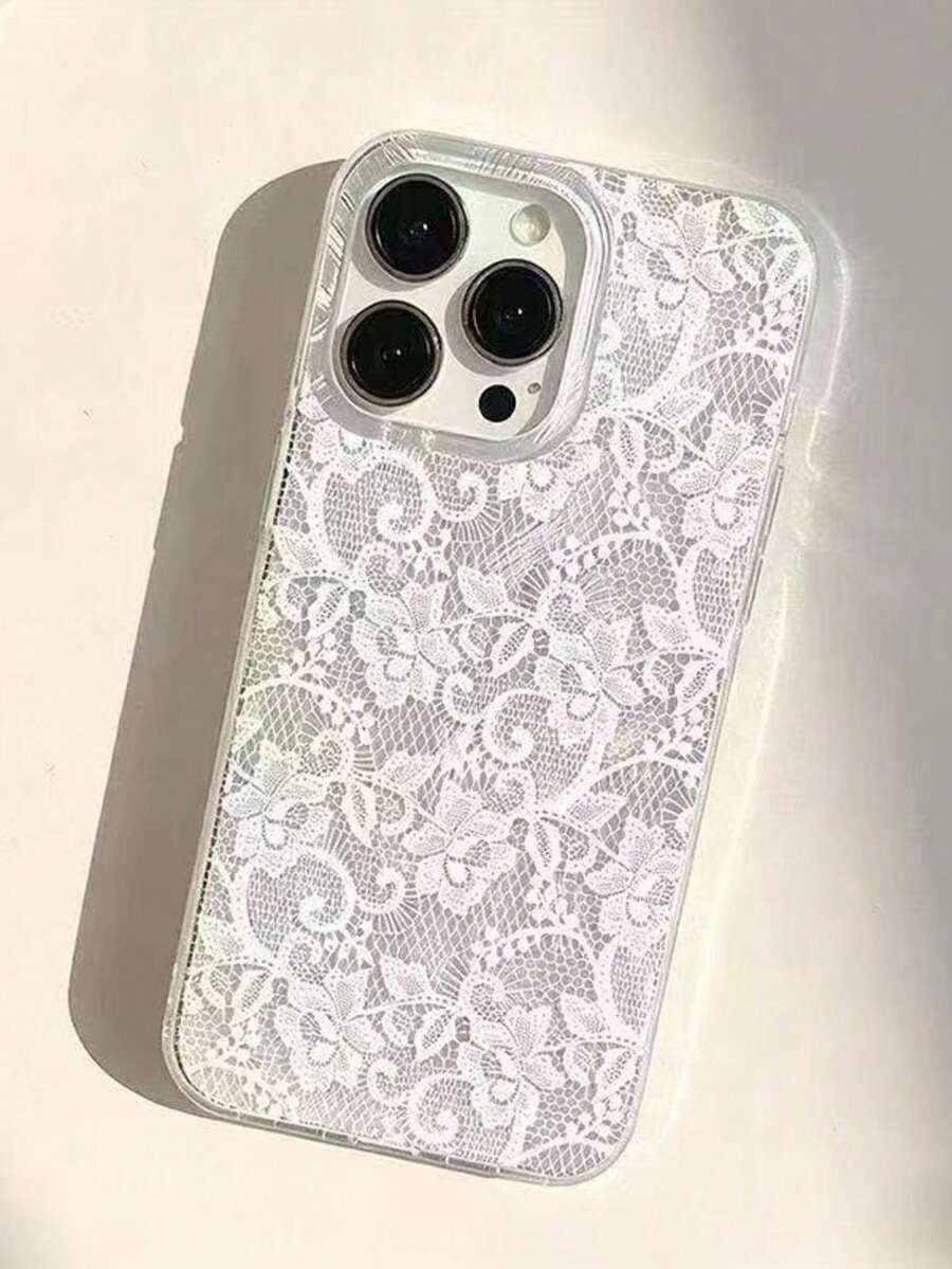 1件蕾絲花卉手機殼,適用於 Apple 16 Pro/17 Pro Max/16/15/14 - 白色 - 查看 1
