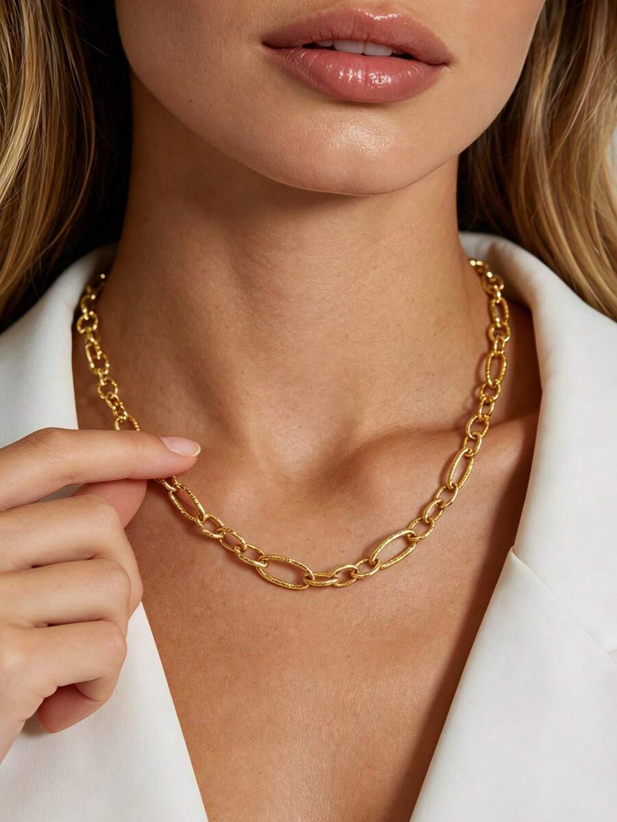 MECYLIFE 1pc Exaggerated Personalized Paperclip Chain Necklace, Gold Color Stainless Steel Chain Necklace, Adjustable Women's Necklace, Gold Jewelry - Yellow Gold - View 1