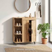 Sweiko Un'elegante scarpiera per l'ingresso, in stile scandinavo, con ante e ripiani a giorno, realizzata in legno composito con finitura rovere e gambe in metallo, adatta a corridoi e piccoli ingressi di appartamenti, con bordo rialzato e altezza libera di 10 cm, facile da montare. - Visualizzare 7