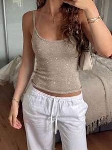 GLAMMY 女士性感可爱亮片针织吊带背心，夏季基础款露背设计，金色度假风，街头时尚，派对装，音乐节和海滩度假必备 - 香檳色 - 查看 4