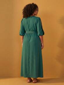 FASHION MIX PREMIUM Elegant Long Dress With Slit And Ruffle On The Hem 3/4 Puff Sleeves With V-Neckline And Tie At The Waist Women's Plus Size - 墨綠色 - 查看 5