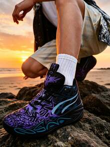 1 Pair Black & Purple Camo Graffiti Dream Basketball Shoes, Campus Style Basketball Game Shoes, Training Shoes, Wear-Resistant, Non-Slip, Shock-Absorbing, Soft & Bouncy, Breathable, Comfortable - Black - View 4
