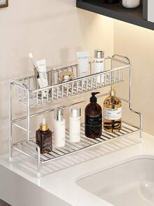 1 buah Rak Organizer Meja 2 Tingkat Stainless Steel dengan Kaki Anti Selip, Tempat Penyimpanan Tahan Karat untuk Bumbu Dapur & Perlengkapan Rias Kamar Mandi, Rak Meja Serbaguna Cocok untuk Asrama, Apartemen, Kamar Tidur, dan Kamar Mandi - MultiWarna - View 6