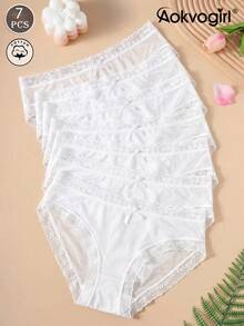 AOKVOGIRL 7pcs Women's White Thin Lace Trim Solid Color Ice Silk Seamless Comfortable Mid-Waist Triangle Panties - Multicolor - View 4