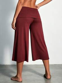 Fold Over Wide Leg Capri Pants For Women Low Rise Yoga Flare Culottes Y2k Flowy Crop Palazzo Gaucho Pants Summer Beach Bottom - 酒紅色 - 查看 2