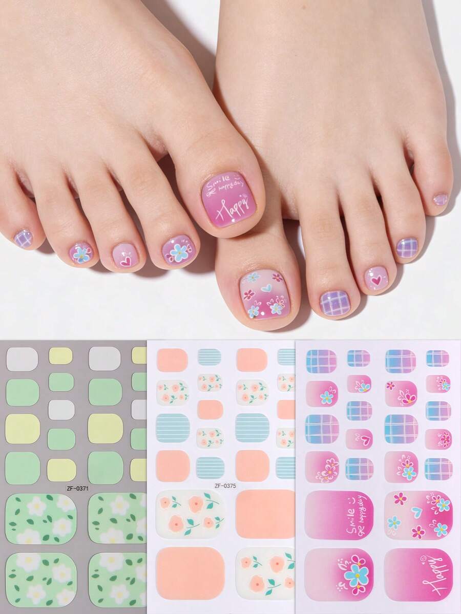 Beauty Sticker 3件組花卉葉片腳趾甲貼片,可愛條紋夏季腳趾甲貼紙,易於貼附,適合女士度假旅行與舞會DIY美甲 - 彩色 - 查看 1