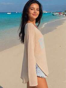 女款 2026 夏季休閒度假海灘裝 寬鬆 V 領針織長袖海灘洋裝 鉤編罩衫 比基尼外罩衣 - 卡其色 - 查看 2