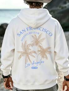Men's American Vintage Skull Longboard Surf Print Hoodie, LONG BOARD Wave & Palm Tree English Slogan, White Loose Drop Shoulder Hoodie - White - View 2