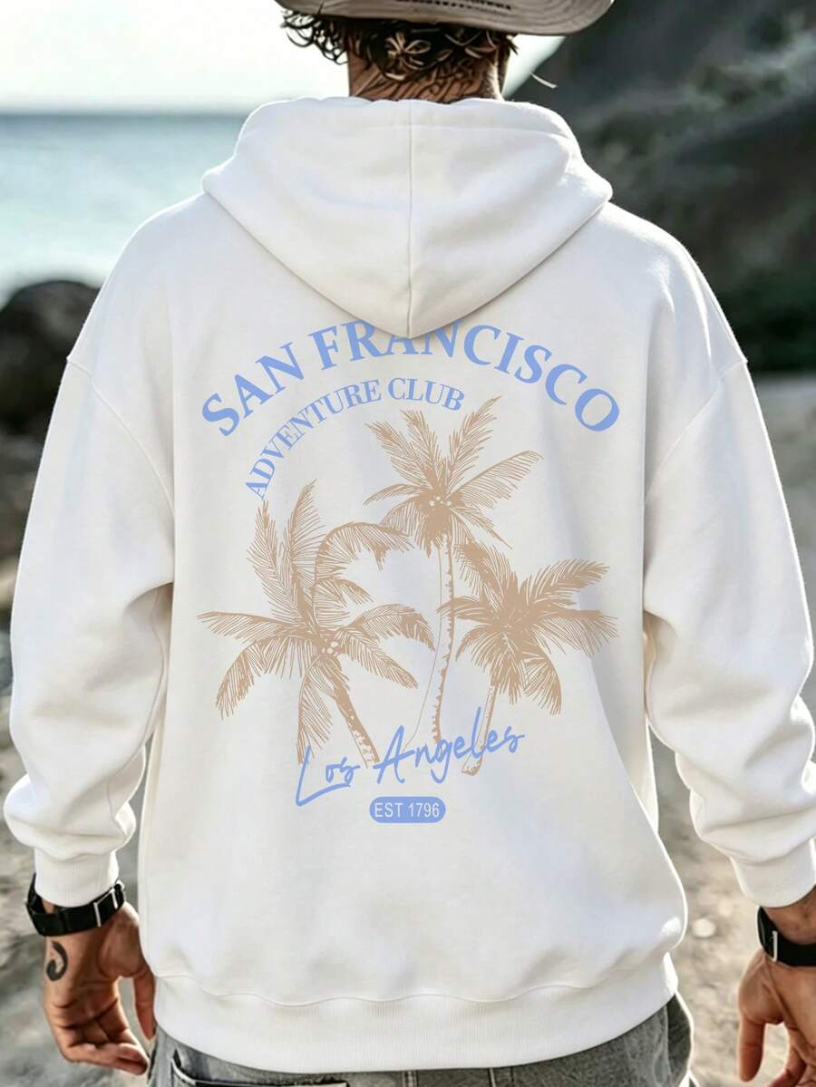 Men's American Vintage Skull Longboard Surf Print Hoodie, LONG BOARD Wave & Palm Tree English Slogan, White Loose Drop Shoulder Hoodie