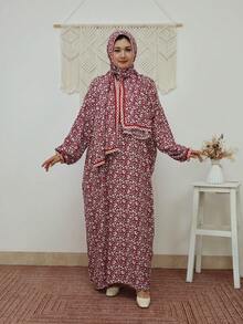 Wine Red Dainty Ditsy Floral Loose Fit Headscarf One-Piece Long Robe Lace Trim Muslin Women's Prayer Robe - Multicolor - View 9