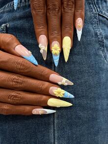 10 Peças/Conjunto Unhas Y2K Feitas à Mão, Unhas Rosas, Unhas Azuis, Unhas Francesas Azuis, Unhas com Flores Amarelas 3D, Perfeitas para Festas & Uso Diário. Unhas Stiletto. Unhas Stiletto Feitas à Mão para Colar, Unhas Postiças, Unhas Acrílicas, Unhas Longas, Unhas Fofas, Unhas de Verão - Multicolorido - Visão 4