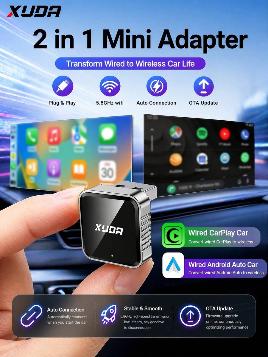 XUDA New CarPlay Ai Box Mini Superbox, Wired To Wireless Conversion, Wireless CarPlay And Android 2-In-1 Function, Supports 2.4-5.0 GHz WiFi 5, Suitable For 99% Of Cars With Wired CarPlay And Android Capabilities - A - View 1