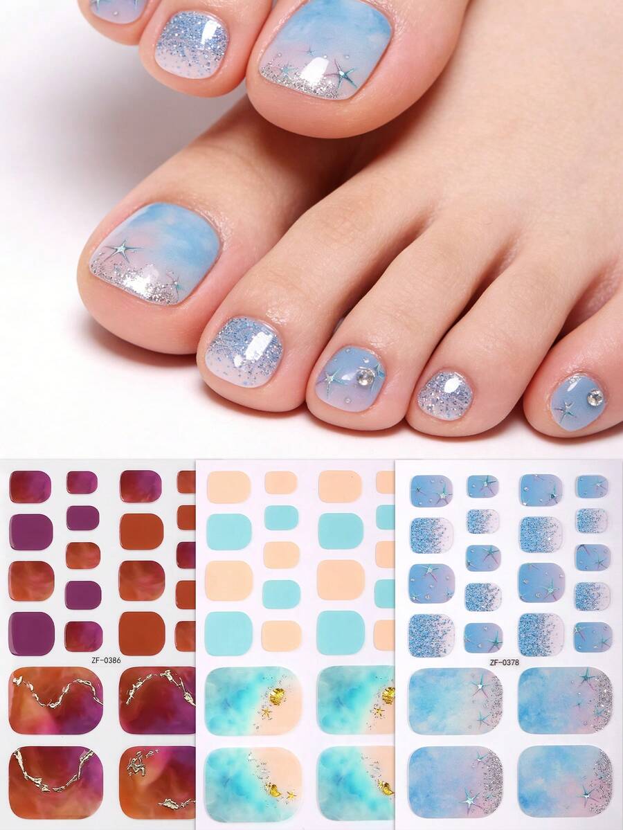 Beauty Sticker 3入組海洋漸層腳趾甲貼片,亮片水鑽夏季腳趾甲貼紙,易貼貼,適合女士度假旅行與舞會DIY美甲 - 彩色 - 查看 1