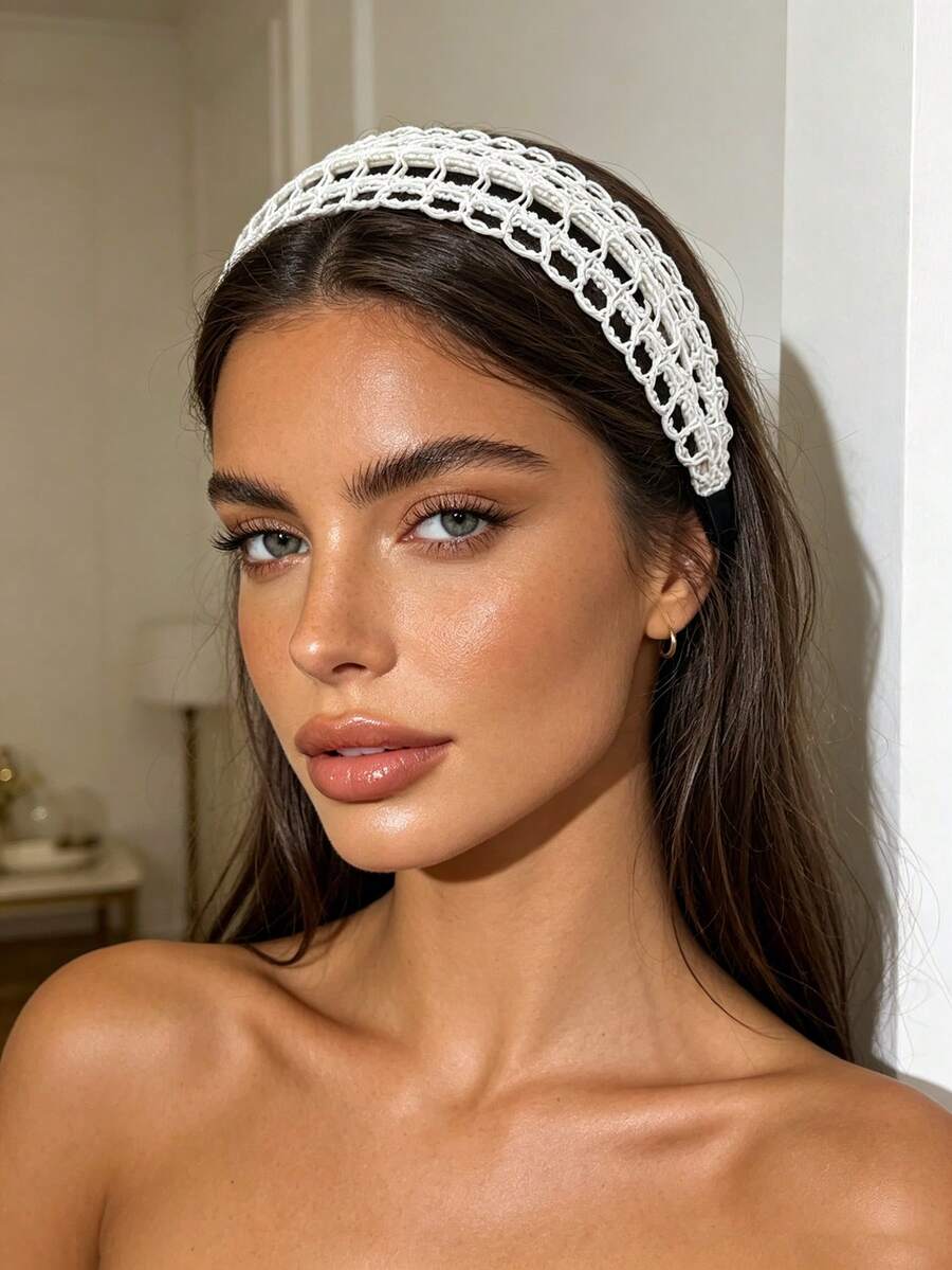 1Pc French Retro Hollow Out Crochet Headband, Sweet Wide Band Hair Accessory, Perfect For Daily Date Vacation - Multicolor - View 1