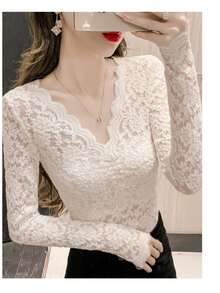 Áo mặc trong nữ cổ chữ V ren gợn sóng, dáng ôm, tay dài xuyên rỗng, áo blouse ren thanh lịch - trắng - Xem 3