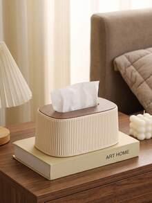 1pc Nordic Minimalist Style Tissue Box, INS Creamy Vertical Stripe Decor, Solid Wood Lid, Built-In Spring Smooth Dispensing, Fits Multiple Tissue Sizes, Suitable For Bathroom Vanity Countertop, Bedroom Dresser, Living Room, Nightstand, Desk, Office Desktop Storage Tissue Holder - Multicolor - View 9