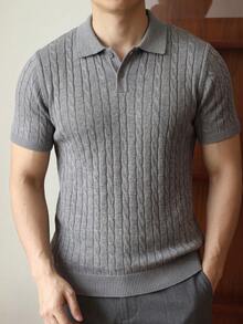 Men's Cable Knit Slim Fit Regular Shoulder Polo Collar Short Sleeve - Grey - View 3