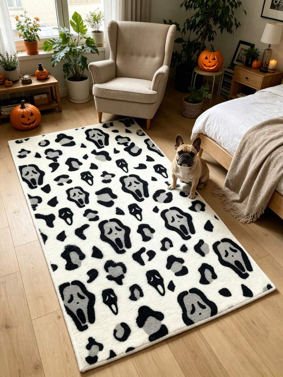 1pc Halloween Screaming Skull Pattern Floor Mat, Decorative Rug, Halloween Bedroom Decor, Halloween, Floor Mat, Carpet, Home Decor, Living Room Carpet, Halloween Carpet, Living Room Small Rug, Bedroom Carpet, Living Room Home Decor, Outdoor Carpet, Washable Carpet - Multicolor - View 1