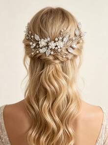 1/2Pcs Silver Leaf Crystal Pearl Flower Side Hair Clip Bridal Hair Accessories For Bride Wedding Bachelorette Party - Silver - View 2