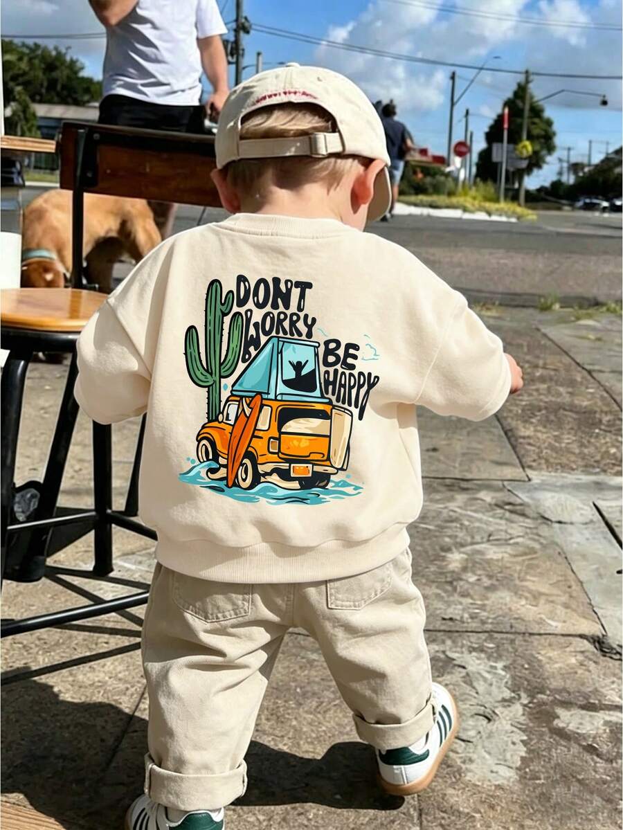 Baby Boy Casual Loose Comfortable Daily Long Sleeve Sweatshirt, Off-Road Vehicle Print, Suitable For Autumn/Winter Wear - Apricot - View 1