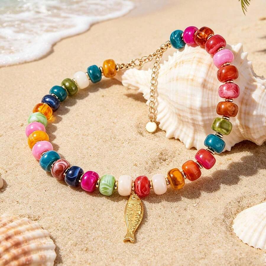 女款個性化時尚串珠項鍊,彩色珠飾魚與海星項鍊,夏季海灘珠寶禮物 - 彩色 - 查看 1